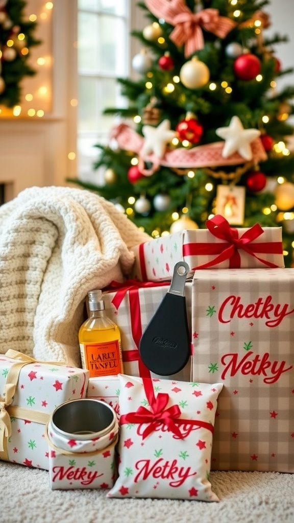 A collection of essential Christmas gifts including kitchen tools, cozy items, and personal care products, set against a festive backdrop.